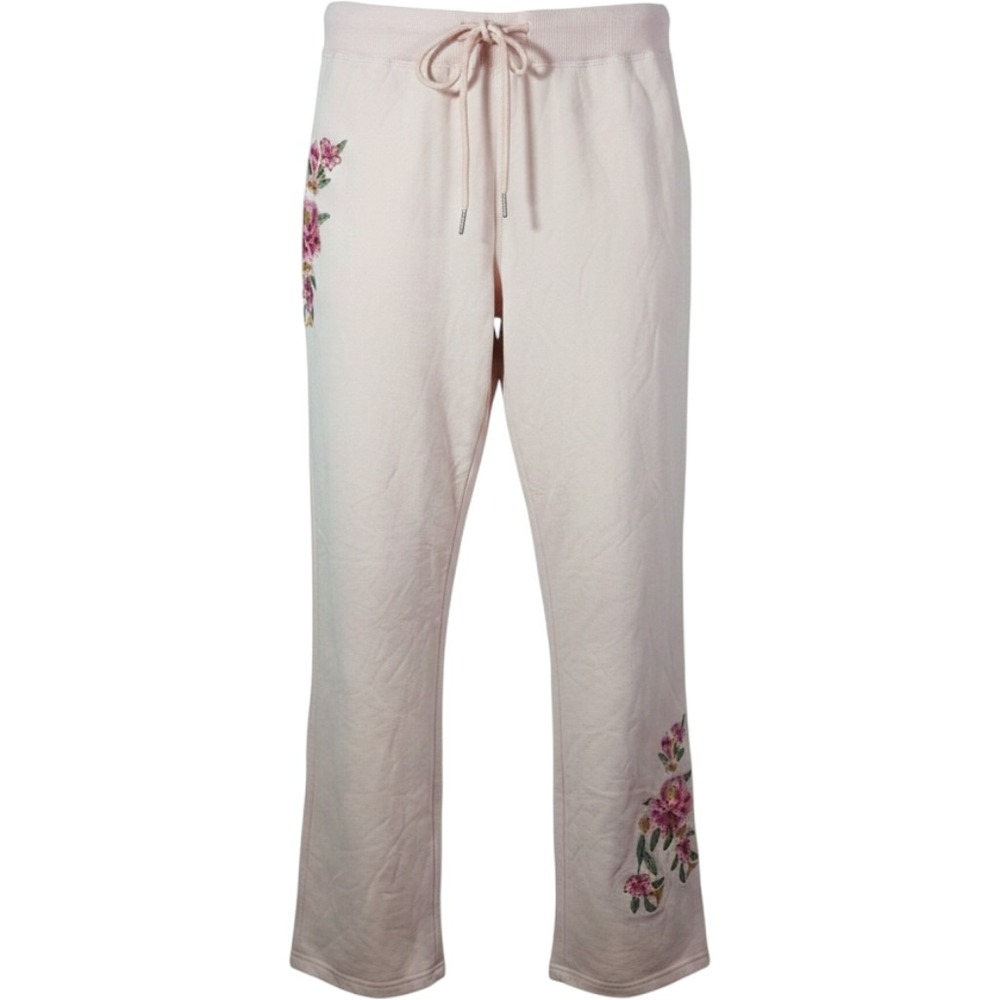 Floriana Pink Cotton Embroidered Wide Leg Pants Floral Lounge Womens Medium - Picture 2 of 10
